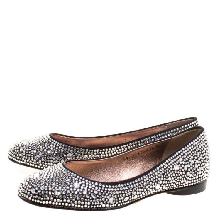 Pre Owned Gina Black Crystal Embellished Satin Ballet Flats Size 36