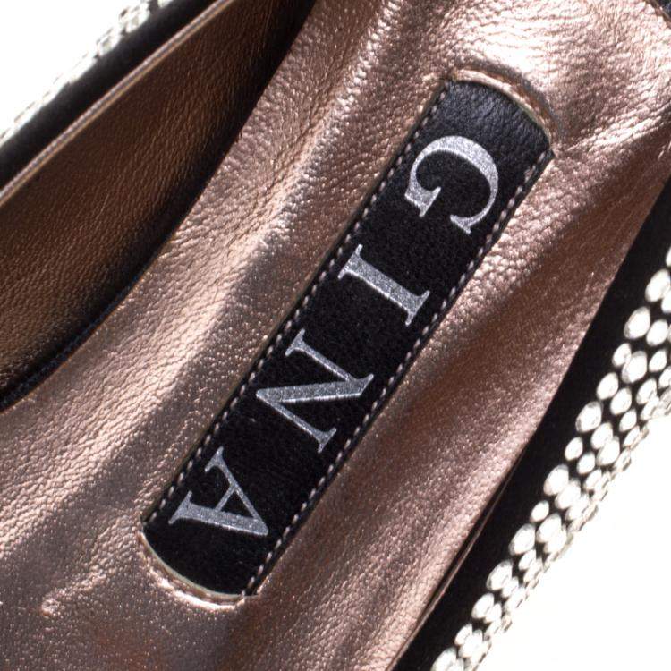 Pre Owned Gina Black Crystal Embellished Satin Ballet Flats Size 36