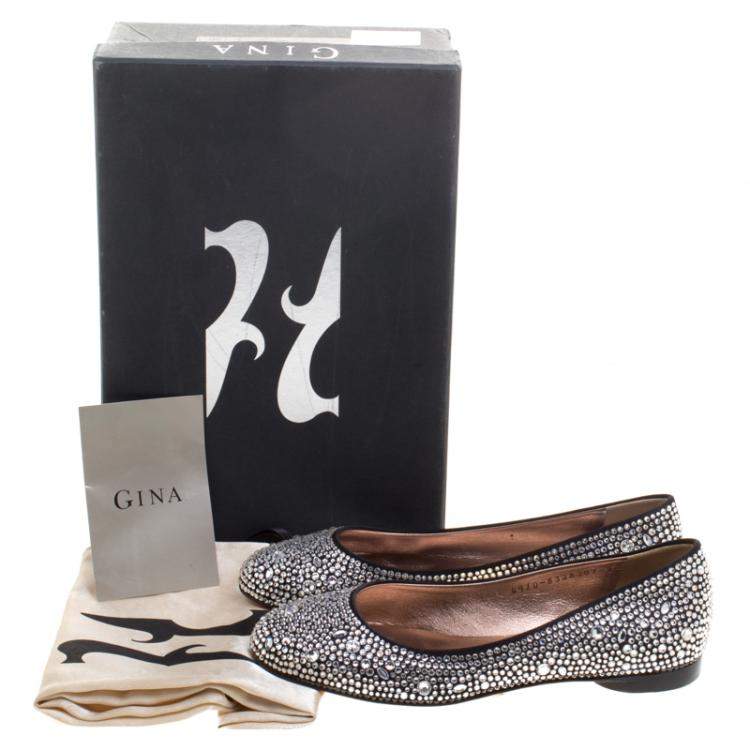Pre Owned Gina Black Crystal Embellished Satin Ballet Flats Size 36