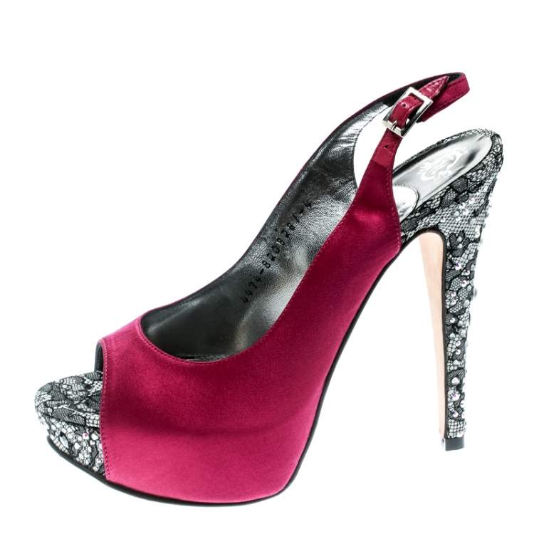Pre Owned Gina Purple Satin Crystal Embellished Heel Peep Toe Slingback Sandals Size 37