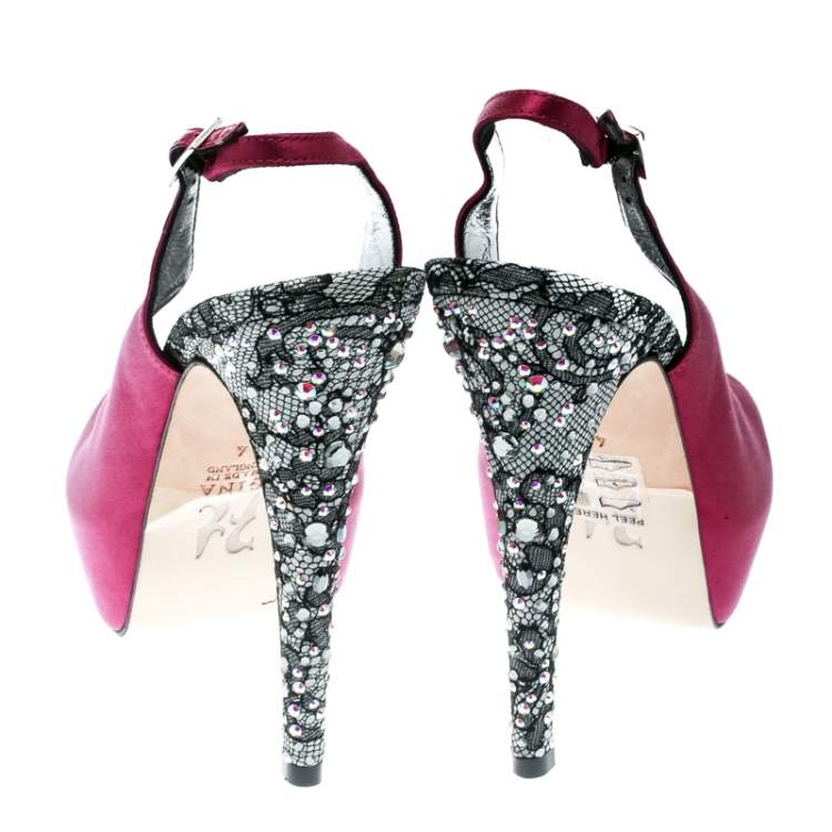 Pre Owned Gina Purple Satin Crystal Embellished Heel Peep Toe Slingback Sandals Size 37