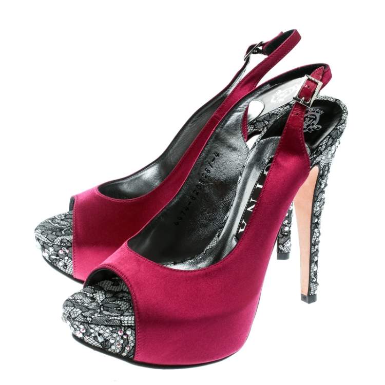 Pre Owned Gina Purple Satin Crystal Embellished Heel Peep Toe Slingback Sandals Size 37