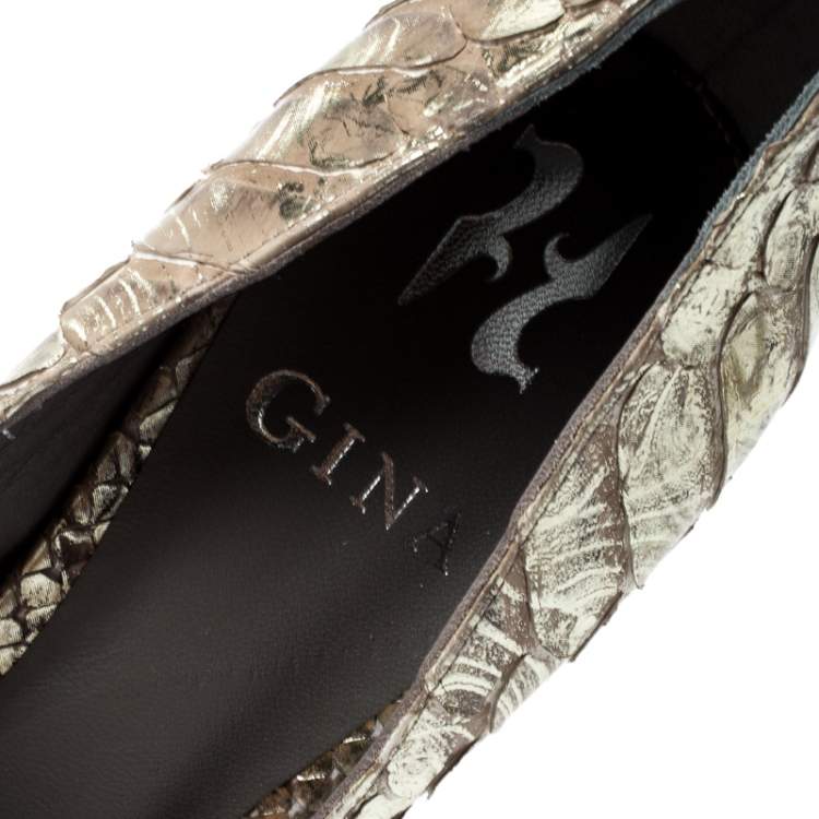 Pre Owned Gina Metallic Gold Python Leather Pointed Toe Pumps Size 38.5