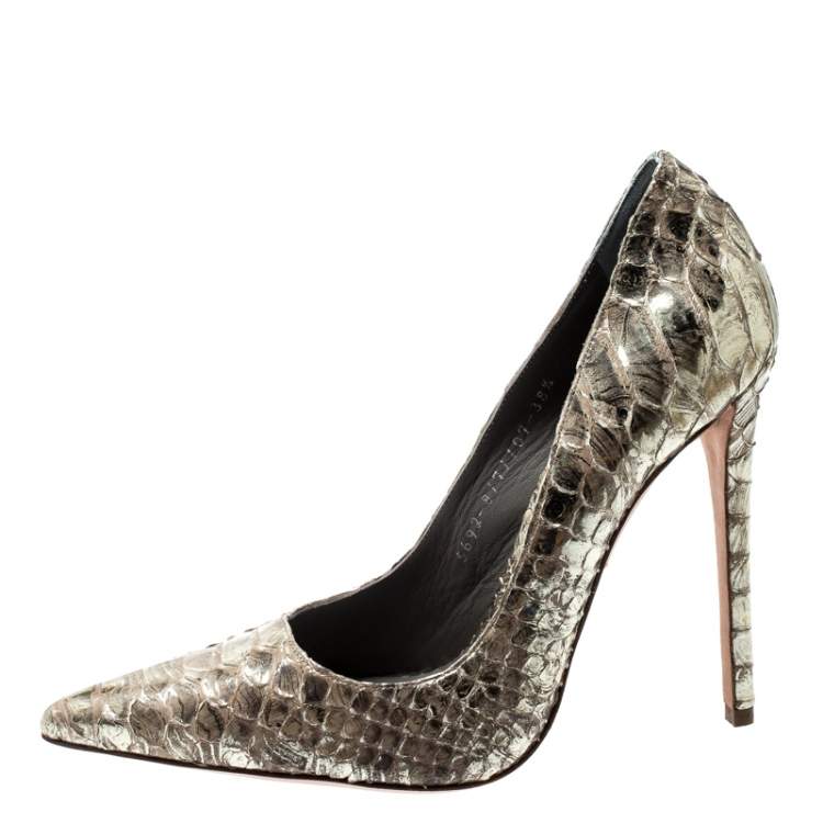 Pre Owned Gina Metallic Gold Python Leather Pointed Toe Pumps Size 38.5