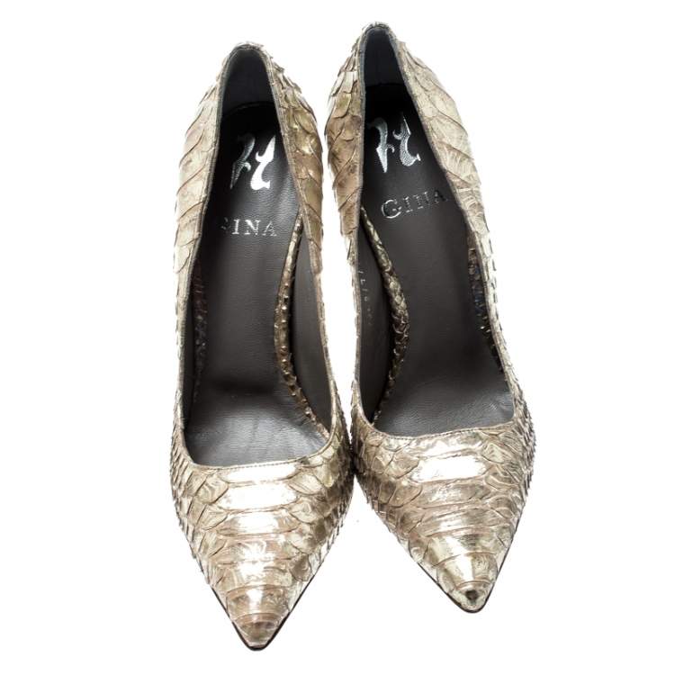 Pre Owned Gina Metallic Gold Python Leather Pointed Toe Pumps Size 38.5