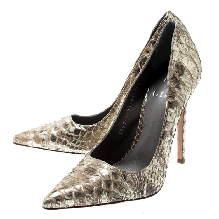 Pre Owned Gina Metallic Gold Python Leather Pointed Toe Pumps Size 38.5