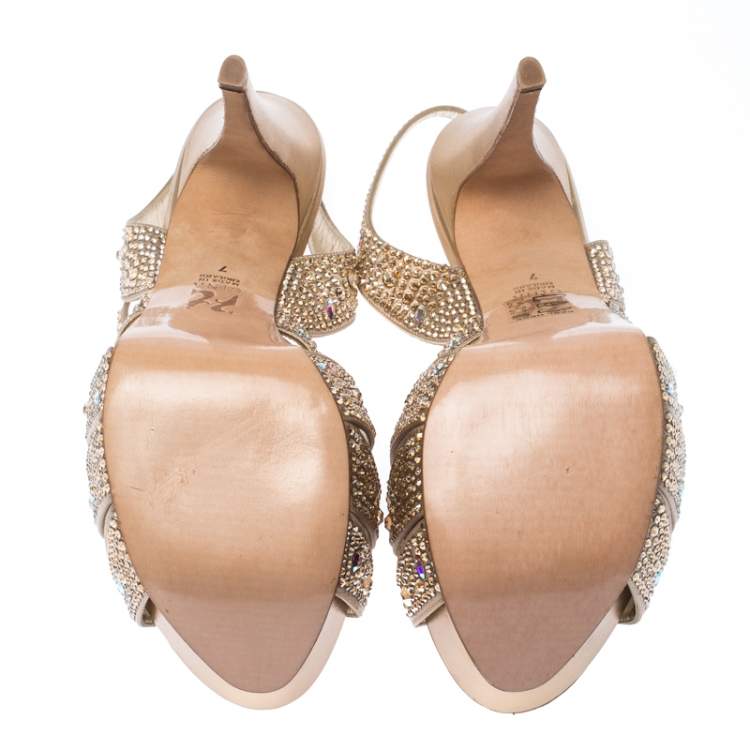 Pre Owned Gina Gold Crystal Embellished Satin T Strap Platform Sandals Size 40