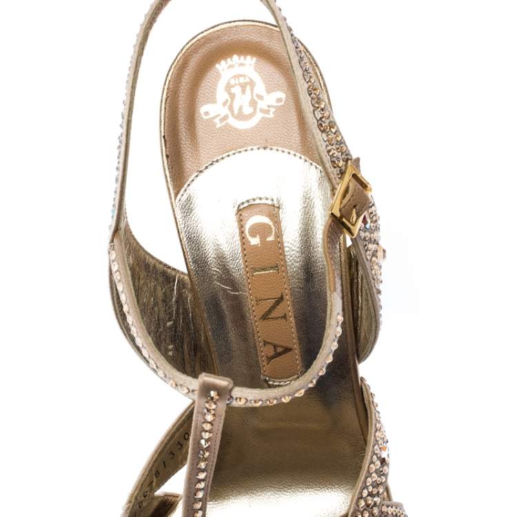Pre Owned Gina Gold Crystal Embellished Satin T Strap Platform Sandals Size 40