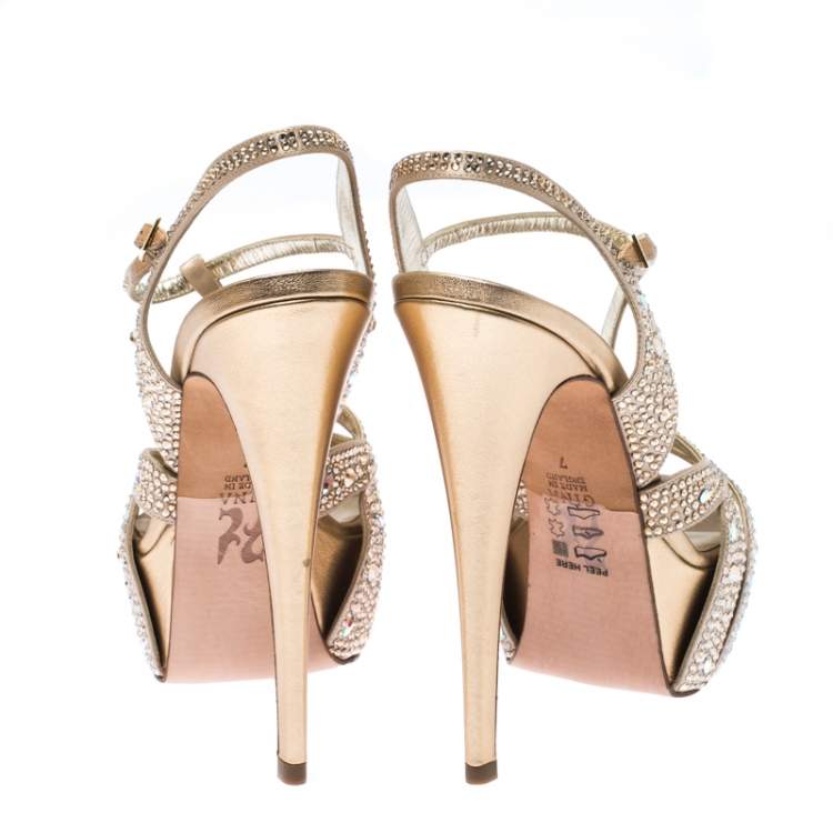Pre Owned Gina Gold Crystal Embellished Satin T Strap Platform Sandals Size 40