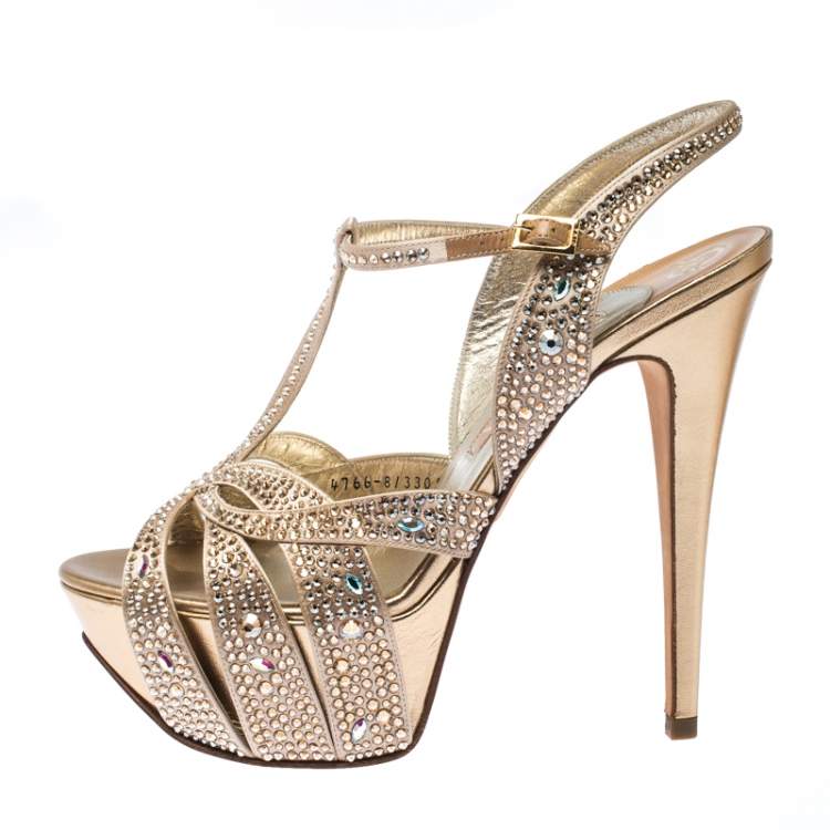 Pre Owned Gina Gold Crystal Embellished Satin T Strap Platform Sandals Size 40