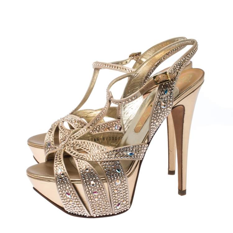 Pre Owned Gina Gold Crystal Embellished Satin T Strap Platform Sandals Size 40