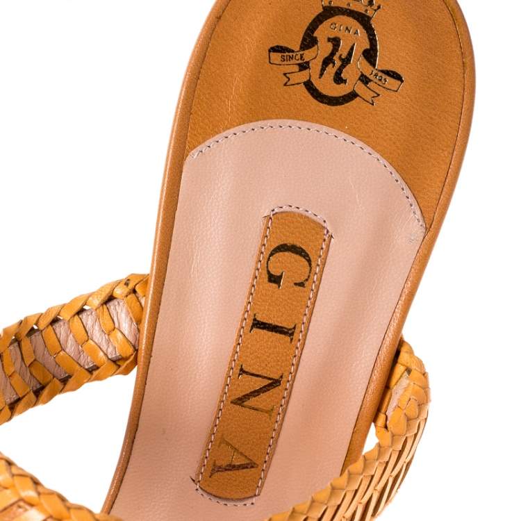 Pre Owned Gina Beige Leather Strappy Wedge Sandals Size 41.5