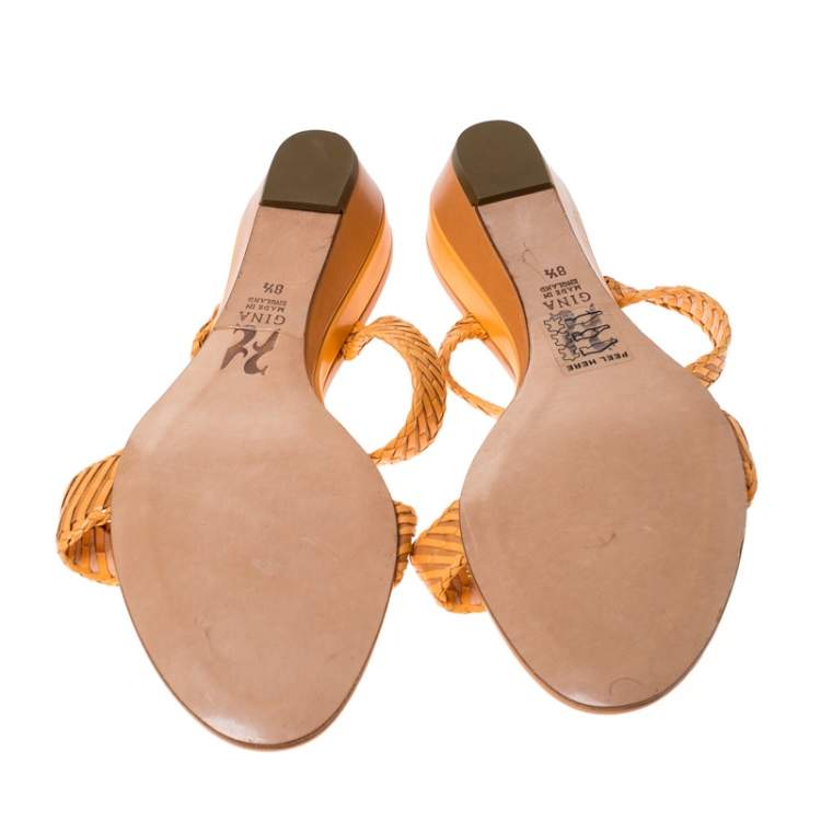 Pre Owned Gina Beige Leather Strappy Wedge Sandals Size 41.5