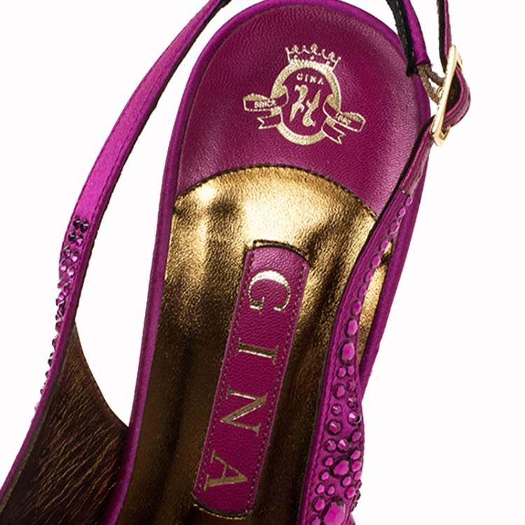 Pre Owned Gina Pink Satin Crystal Embellished Slingback Sandals Size 40.5