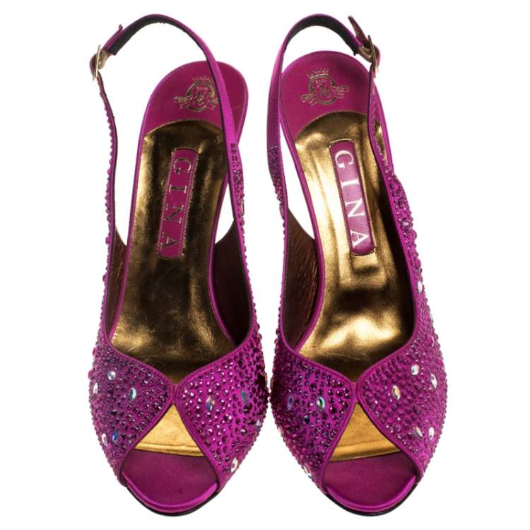 Pre Owned Gina Pink Satin Crystal Embellished Slingback Sandals Size 40.5