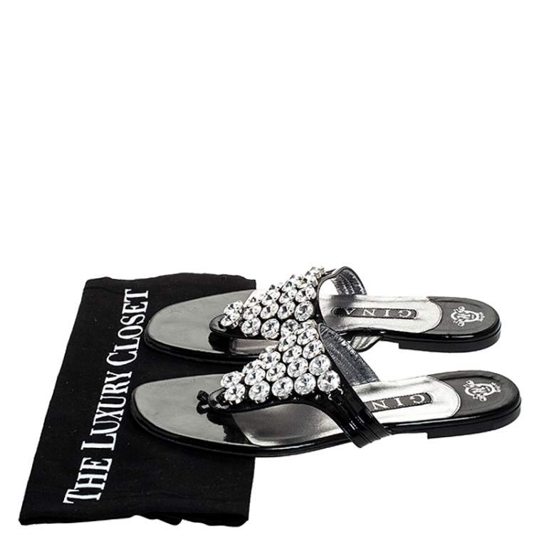 Pre Owned Gina Black Patent Leather Crystal Embellished Thong Flats Size 38