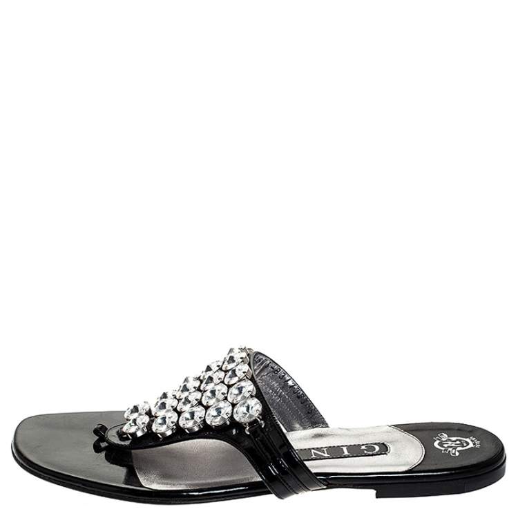 Pre Owned Gina Black Patent Leather Crystal Embellished Thong Flats Size 38