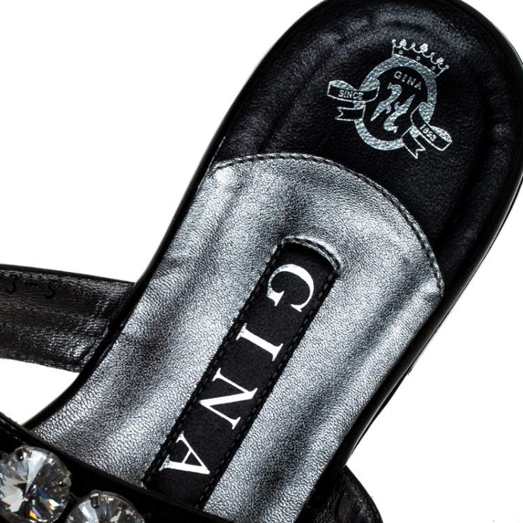 Pre Owned Gina Black Patent Leather Crystal Embellished Thong Flats Size 38