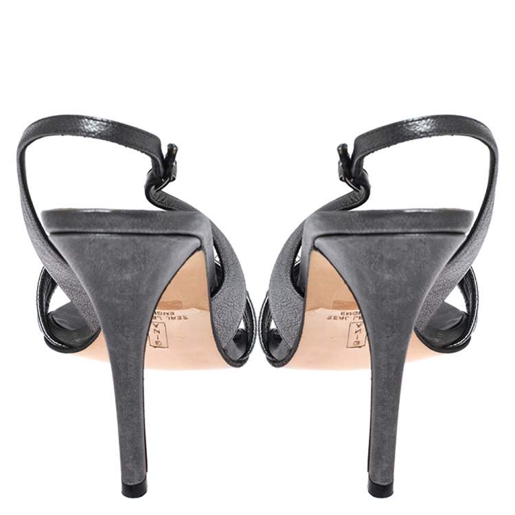 Pre Owned Gina Grey Leather Embellished Slingback Sandals Size 41
