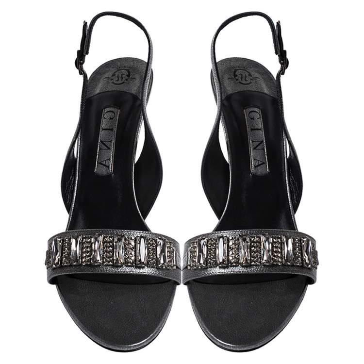 Pre Owned Gina Grey Leather Embellished Slingback Sandals Size 41