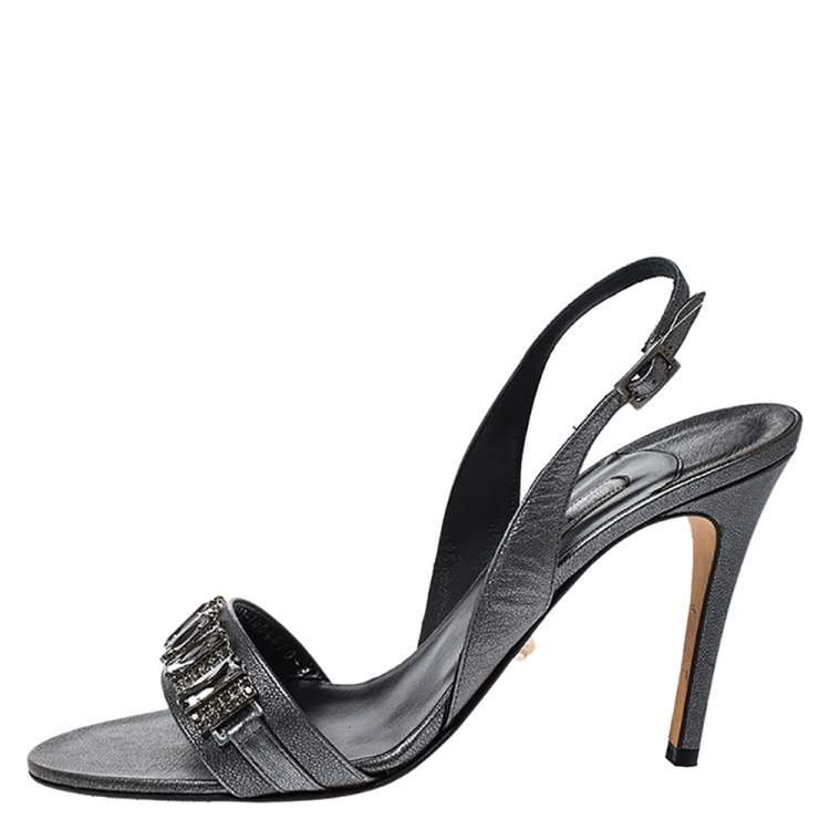 Pre Owned Gina Grey Leather Embellished Slingback Sandals Size 41