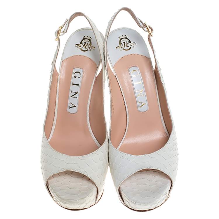 Pre Owned Gina White Python Leather Peep Toe Platform Slingback Sandals Size 38.5