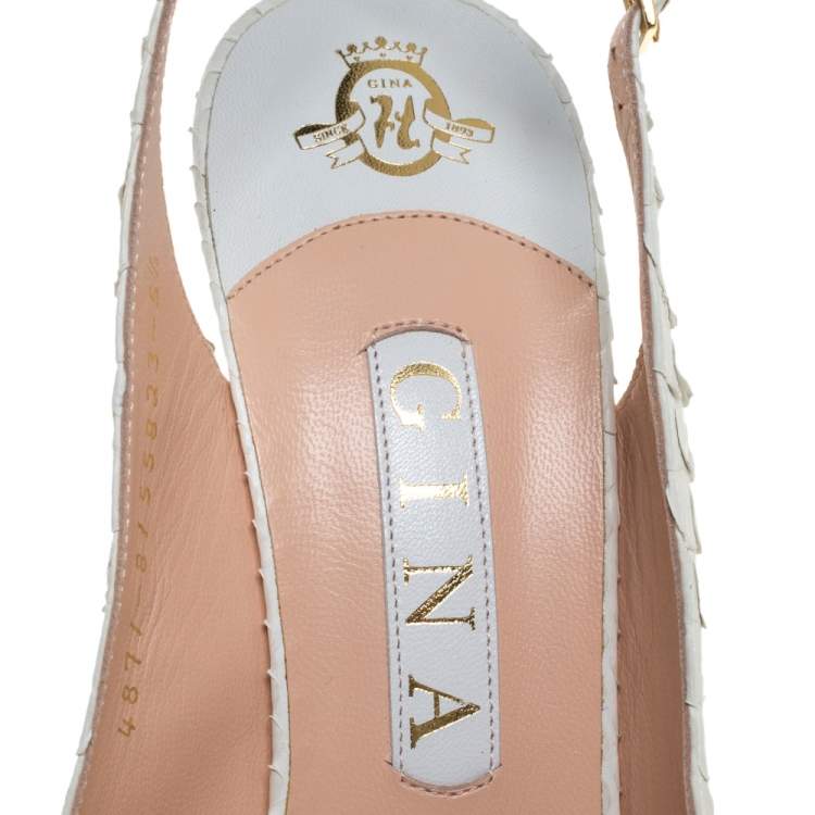 Pre Owned Gina White Python Leather Peep Toe Platform Slingback Sandals Size 38.5