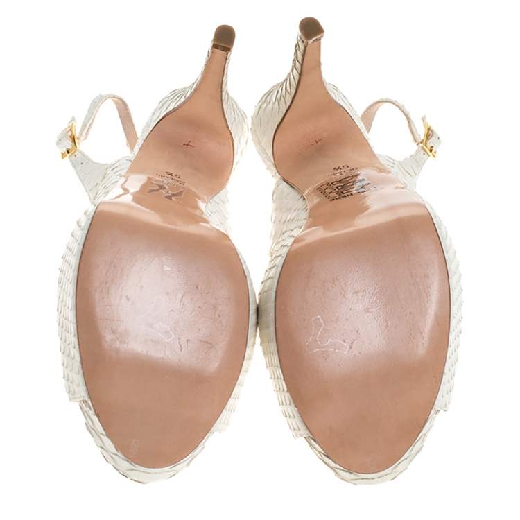 Pre Owned Gina White Python Leather Peep Toe Platform Slingback Sandals Size 38.5