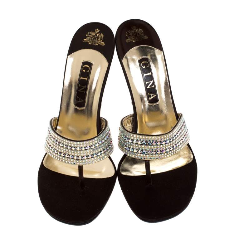 Pre Owned Gina Brown Leather And Satin Crystal Embellished Thong Sandals Size 41