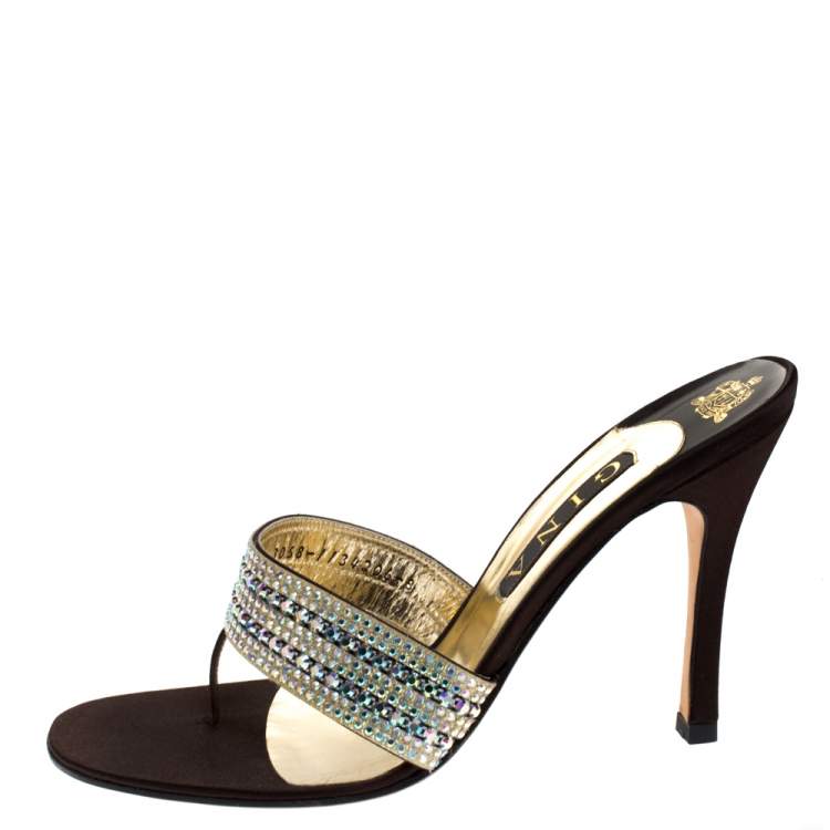 Pre Owned Gina Brown Leather And Satin Crystal Embellished Thong Sandals Size 41