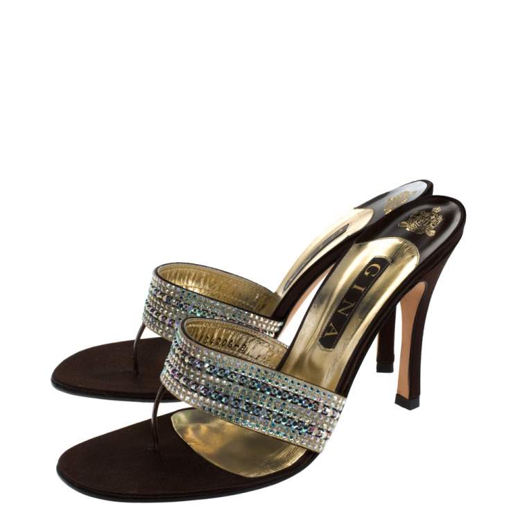 Pre Owned Gina Brown Leather And Satin Crystal Embellished Thong Sandals Size 41