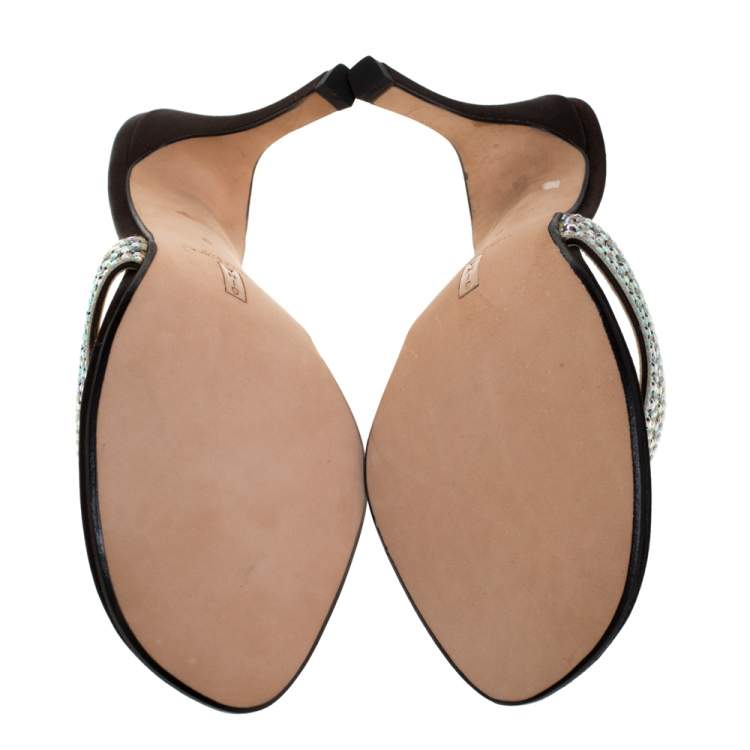 Pre Owned Gina Brown Leather And Satin Crystal Embellished Thong Sandals Size 41