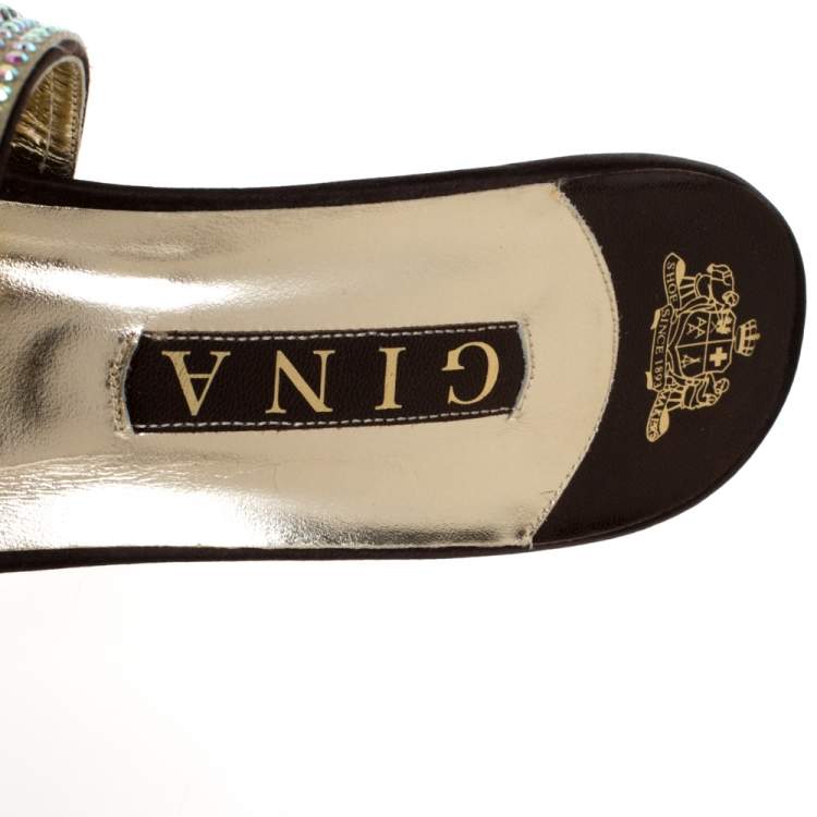 Pre Owned Gina Brown Leather And Satin Crystal Embellished Thong Sandals Size 41