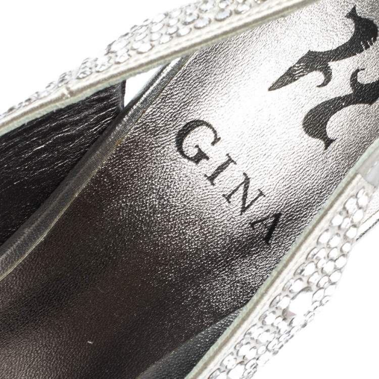 Pre Owned Gina Grey Satin Crystal Embellished Platform Open Toe Slingback Sandals Size 39