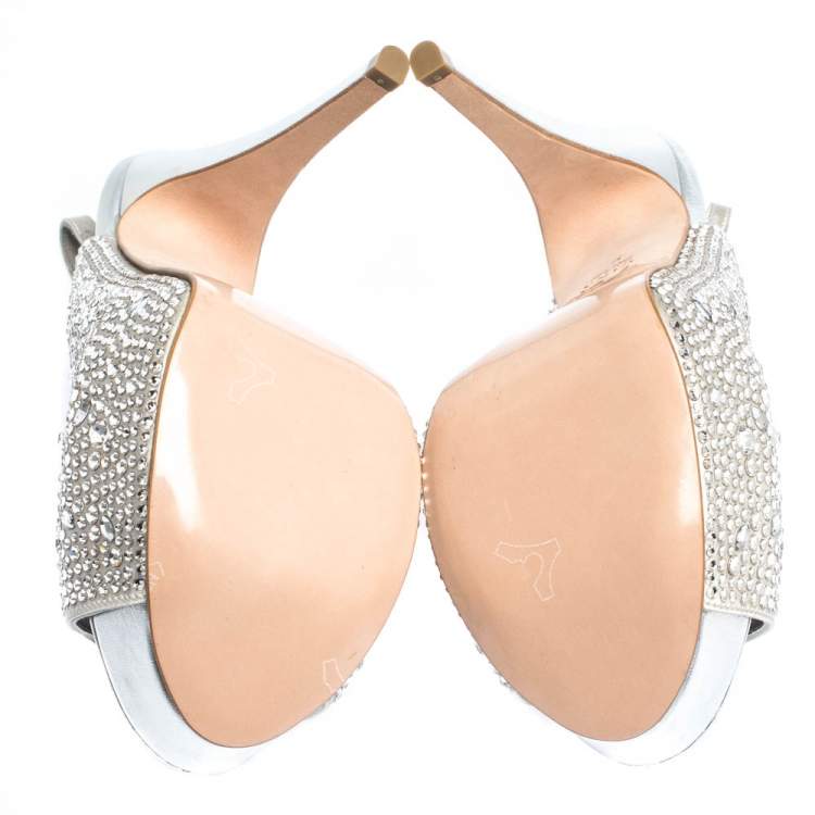 Pre Owned Gina Grey Satin Crystal Embellished Platform Open Toe Slingback Sandals Size 39