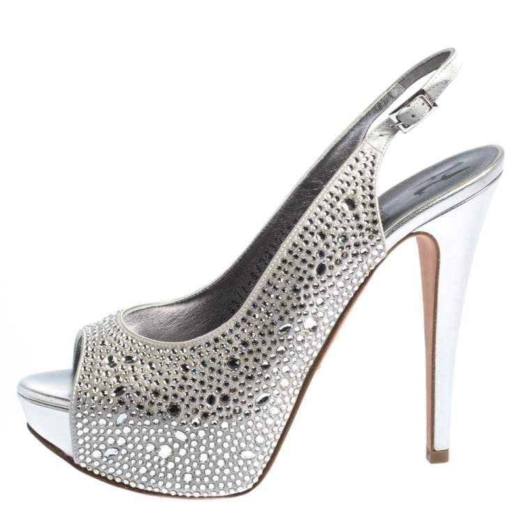 Pre Owned Gina Grey Satin Crystal Embellished Platform Open Toe Slingback Sandals Size 39