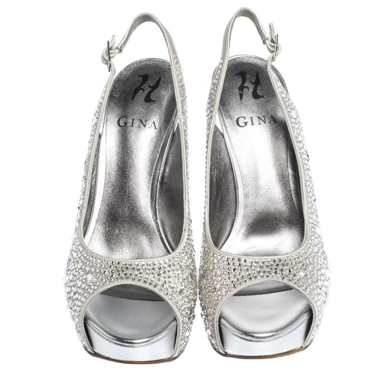 Pre Owned Gina Grey Satin Crystal Embellished Platform Open Toe Slingback Sandals Size 39