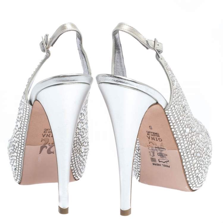 Pre Owned Gina Grey Satin Crystal Embellished Platform Open Toe Slingback Sandals Size 39