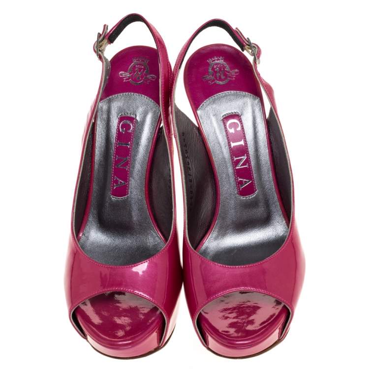 Pre Owned Gina Pink Patent Leather Platform Slingback Sandals Size 37