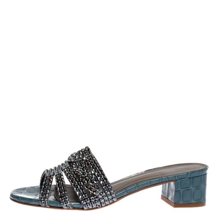 Pre Owned Gina Blue Croc Embossed Patent Leather Rodeo Crystal Embellished Block Heel Slides Size 37