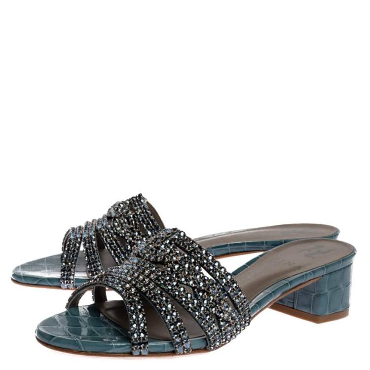 Pre Owned Gina Blue Croc Embossed Patent Leather Rodeo Crystal Embellished Block Heel Slides Size 37