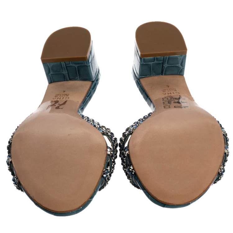 Pre Owned Gina Blue Croc Embossed Patent Leather Rodeo Crystal Embellished Block Heel Slides Size 37