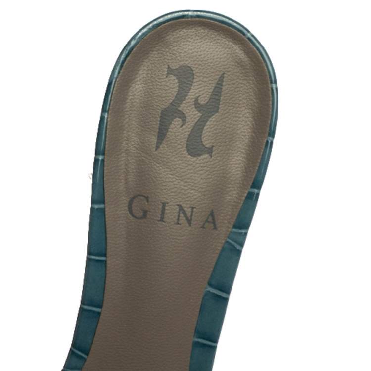 Pre Owned Gina Blue Croc Embossed Patent Leather Rodeo Crystal Embellished Block Heel Slides Size 37