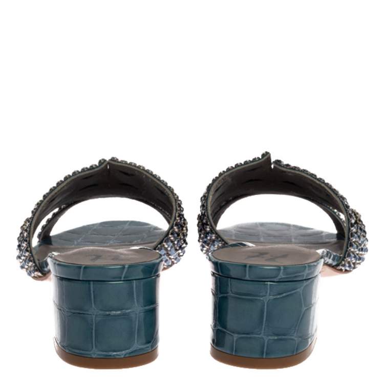 Pre Owned Gina Blue Croc Embossed Patent Leather Rodeo Crystal Embellished Block Heel Slides Size 37