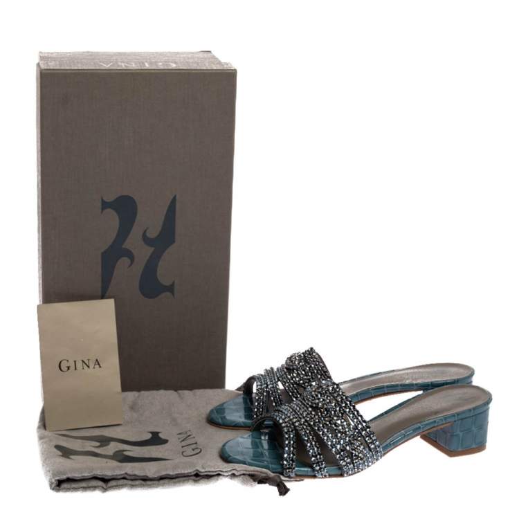 Pre Owned Gina Blue Croc Embossed Patent Leather Rodeo Crystal Embellished Block Heel Slides Size 37