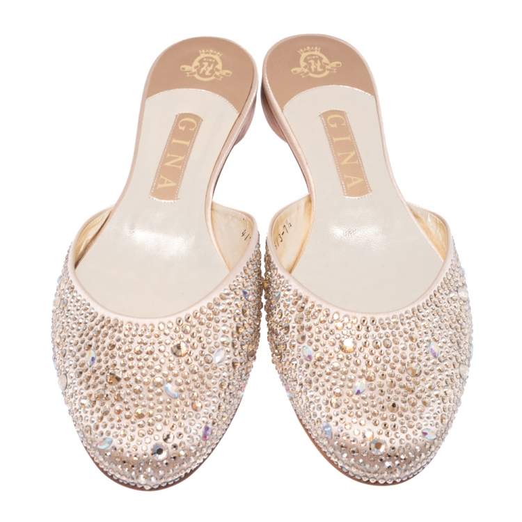 Pre Owned Gina Beige Satin Crystal Embellished Flat Mules Size 40.5