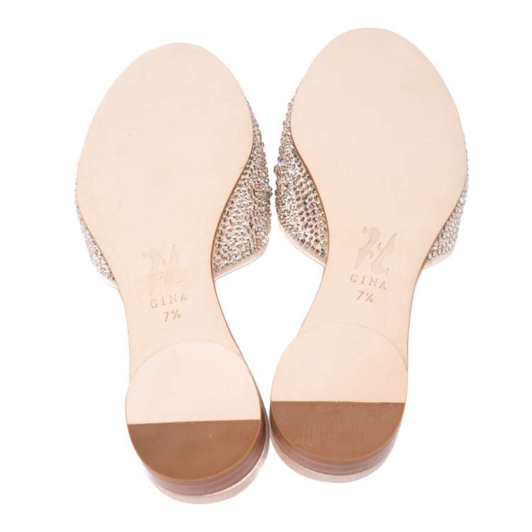 Pre Owned Gina Beige Satin Crystal Embellished Flat Mules Size 40.5