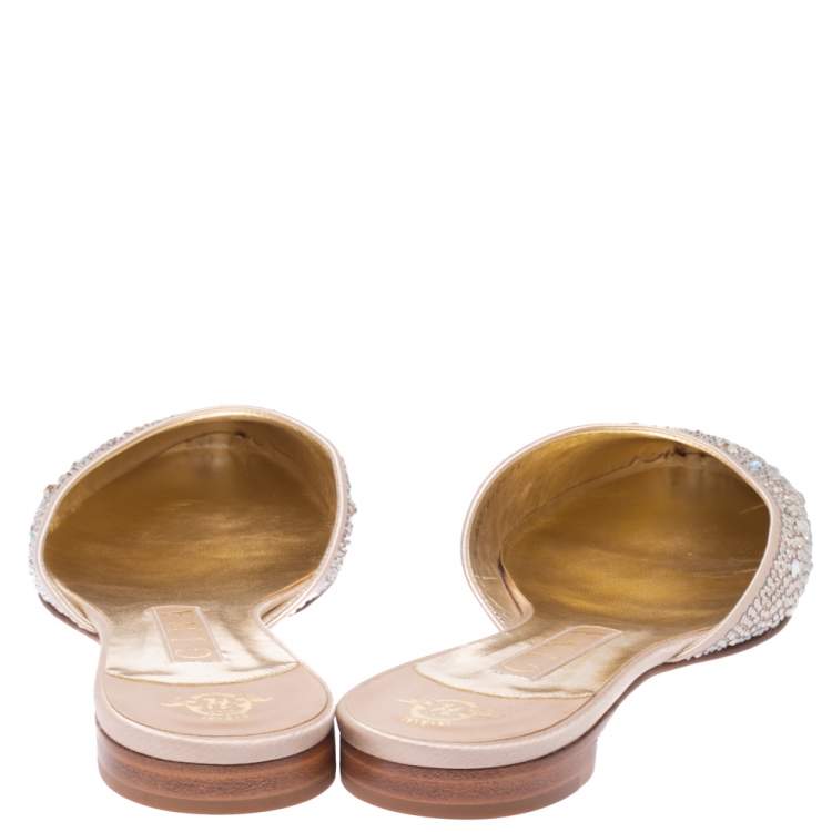 Pre Owned Gina Beige Satin Crystal Embellished Flat Mules Size 40.5