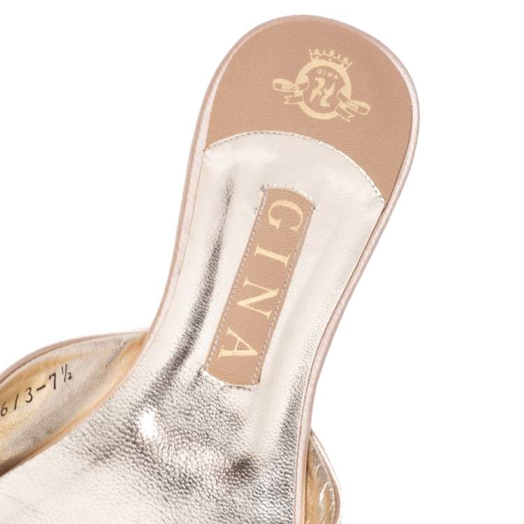 Pre Owned Gina Beige Satin Crystal Embellished Flat Mules Size 40.5