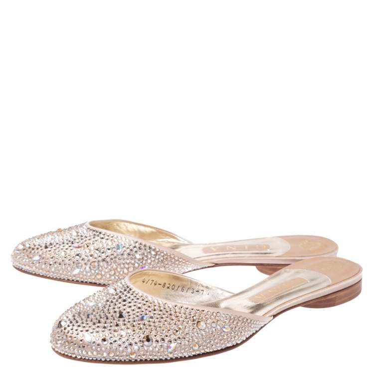 Pre Owned Gina Beige Satin Crystal Embellished Flat Mules Size 40.5
